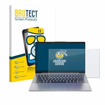 Parte frontal de un envase de producto con el logotipo de la marca BROTECT. Al lado se muestra el dispositivo Lenovo IdeaPad 5