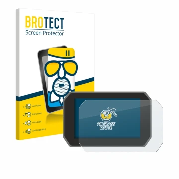 Parte frontal de un envase de producto con el logotipo de la marca BROTECT. Al lado se muestra el dispositivo Yamaha Tracer 9 