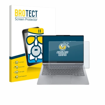 Parte frontal de un envase de producto con el logotipo de la marca BROTECT. Al lado se muestra el dispositivo Lenovo ThinkBook