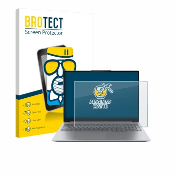 Parte frontal de un envase de producto con el logotipo de la marca BROTECT. Al lado se muestra el dispositivo Lenovo ThinkBook