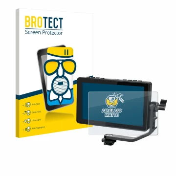 Parte frontal de un envase de producto con el logotipo de la marca BROTECT. Al lado se muestra el dispositivo Feelworld F5 PRO