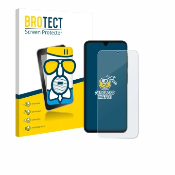 Parte frontal de un envase de producto con el logotipo de la marca BROTECT. Al lado se muestra el dispositivo Samsung Galaxy A