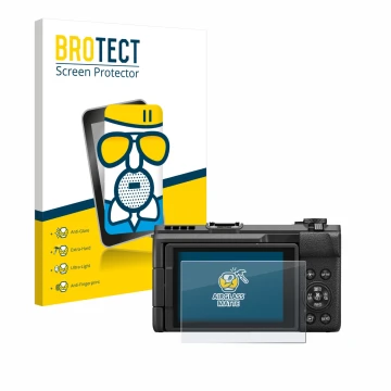 Parte frontal de un envase de producto con el logotipo de la marca BROTECT. Al lado se muestra el dispositivo Canon PowerShot 