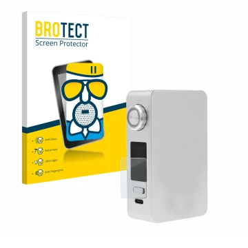 Parte frontal de un envase de producto con el logotipo de la marca BROTECT. Al lado se muestra el dispositivo Lost Vape Centau