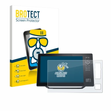 Parte frontal de un envase de producto con el logotipo de la marca BROTECT. Al lado se muestra el dispositivo Humminbird Xplor