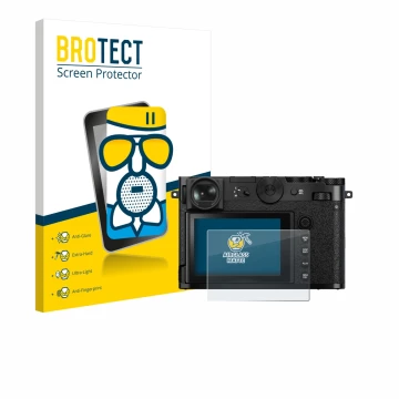 Parte frontal de un envase de producto con el logotipo de la marca BROTECT. Al lado se muestra el dispositivo Fujifilm GFX 100