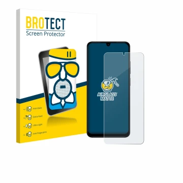 Parte frontal de un envase de producto con el logotipo de la marca BROTECT. Al lado se muestra el dispositivo Xiaomi Redmi A5 