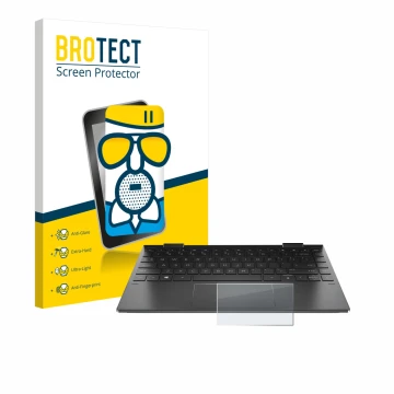 Parte frontal de un envase de producto con el logotipo de la marca BROTECT. Al lado se muestra el dispositivo HP Envy x360 (13