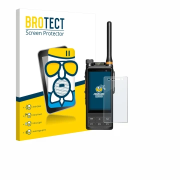 Parte frontal de un envase de producto con el logotipo de la marca BROTECT. Al lado se muestra el dispositivo Hytera PDC680 co