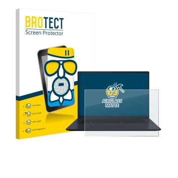 Parte frontal de un envase de producto con el logotipo de la marca BROTECT. Al lado se muestra el dispositivo ASUS Vivobook 18