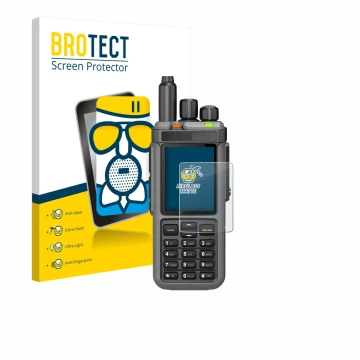 Parte frontal de un envase de producto con el logotipo de la marca BROTECT. Al lado se muestra el dispositivo Radtel RT-880 co