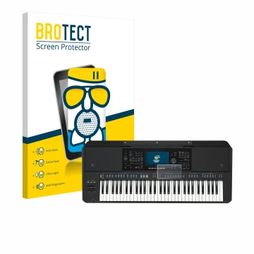 Parte frontal de un envase de producto con el logotipo de la marca BROTECT. Al lado se muestra el dispositivo Yamaha PSR-SX720