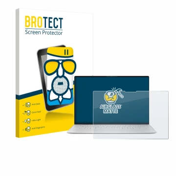 Parte frontal de un envase de producto con el logotipo de la marca BROTECT. Al lado se muestra el dispositivo Dell XPS 13 9350