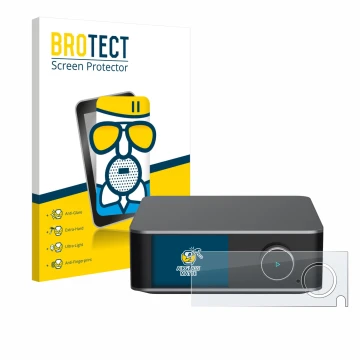 Parte frontal de un envase de producto con el logotipo de la marca BROTECT. Al lado se muestra el dispositivo WiiM Ultra con s