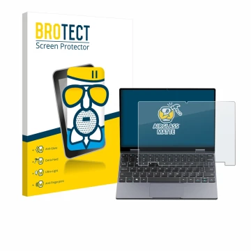 Parte frontal de un envase de producto con el logotipo de la marca BROTECT. Al lado se muestra el dispositivo Chuwi MiniBook X