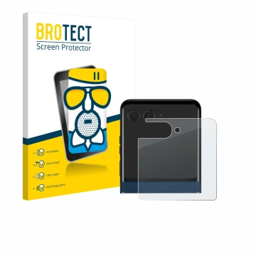 Parte frontal de un envase de producto con el logotipo de la marca BROTECT. Al lado se muestra el dispositivo Motorola Razr 60