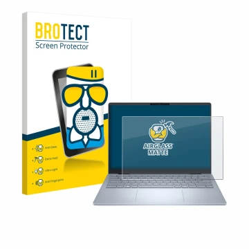 Parte frontal de un envase de producto con el logotipo de la marca BROTECT. Al lado se muestra el dispositivo Dell 14 Plus Lap