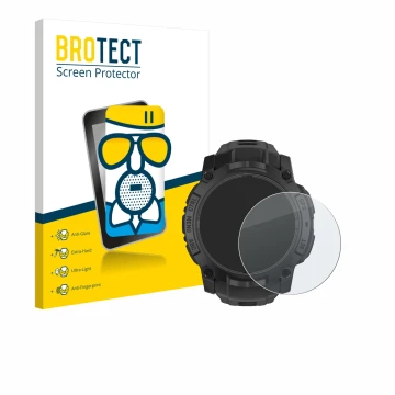 Parte frontal de un envase de producto con el logotipo de la marca BROTECT. Al lado se muestra el dispositivo Garmin Instinct 