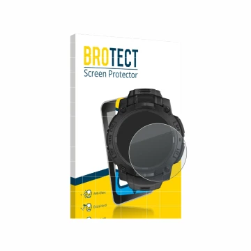 Parte frontal de un envase de producto con el logotipo de la marca BROTECT. Al lado se muestra el dispositivo Garmin Instinct 