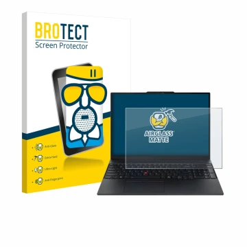 Parte frontal de un envase de producto con el logotipo de la marca BROTECT. Al lado se muestra el dispositivo Lenovo ThinkPad 