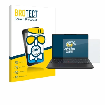 Parte frontal de un envase de producto con el logotipo de la marca BROTECT. Al lado se muestra el dispositivo Lenovo ThinkPad 