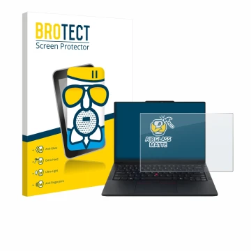 Parte frontal de un envase de producto con el logotipo de la marca BROTECT. Al lado se muestra el dispositivo Lenovo ThinkPad 