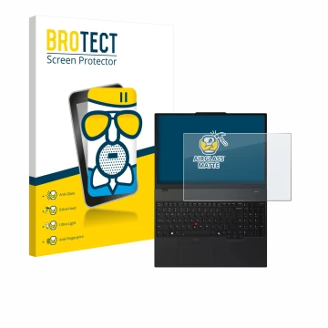 Parte frontal de un envase de producto con el logotipo de la marca BROTECT. Al lado se muestra el dispositivo Lenovo ThinkPad 
