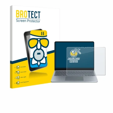 Parte frontal de un envase de producto con el logotipo de la marca BROTECT. Al lado se muestra el dispositivo Microsoft Surfac