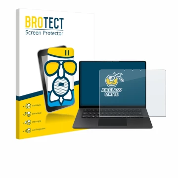 Parte frontal de un envase de producto con el logotipo de la marca BROTECT. Al lado se muestra el dispositivo Microsoft Surfac