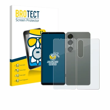 Parte frontal de un envase de producto con el logotipo de la marca BROTECT. Al lado se muestra el dispositivo Sony Xperia 1 VI