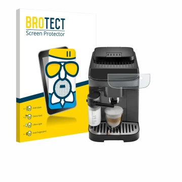 Parte frontal de un envase de producto con el logotipo de la marca BROTECT. Al lado se muestra el dispositivo DeLonghi Magnifi