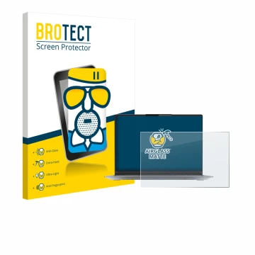 Parte frontal de un envase de producto con el logotipo de la marca BROTECT. Al lado se muestra el dispositivo Lenovo ThinkBook