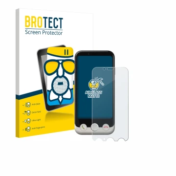 Parte frontal de un envase de producto con el logotipo de la marca BROTECT. Al lado se muestra el dispositivo Doro Aurora A10 