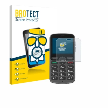 Parte frontal de un envase de producto con el logotipo de la marca BROTECT. Al lado se muestra el dispositivo Doro 1380 con su