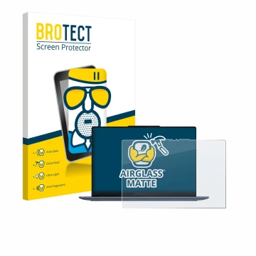 Parte frontal de un envase de producto con el logotipo de la marca BROTECT. Al lado se muestra el dispositivo Lenovo Yoga Slim