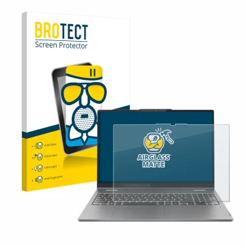 Parte frontal de un envase de producto con el logotipo de la marca BROTECT. Al lado se muestra el dispositivo Lenovo IdeaPad 5