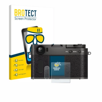 Parte frontal de un envase de producto con el logotipo de la marca BROTECT. Al lado se muestra el dispositivo Fujifilm X Half 