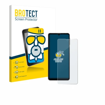 Parte frontal de un envase de producto con el logotipo de la marca BROTECT. Al lado se muestra el dispositivo Sharp Aquos Sens