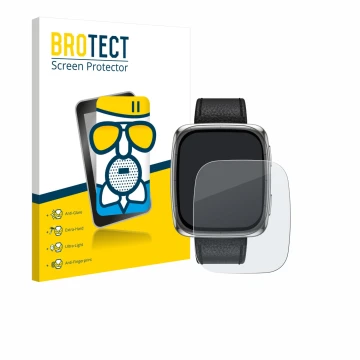 Parte frontal de un envase de producto con el logotipo de la marca BROTECT. Al lado se muestra el dispositivo Amazfit Active 2