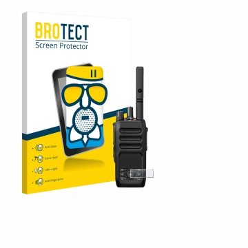 Parte frontal de un envase de producto con el logotipo de la marca BROTECT. Al lado se muestra el dispositivo Motorola MOTOTRB