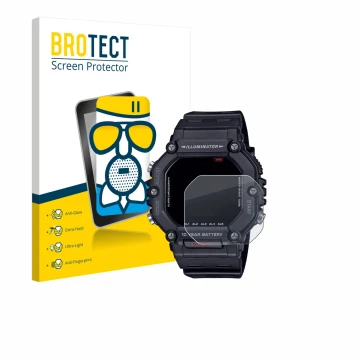 Parte frontal de un envase de producto con el logotipo de la marca BROTECT. Al lado se muestra el dispositivo Casio AE-1600H c