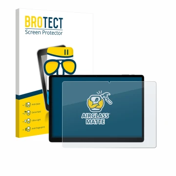 Parte frontal de un envase de producto con el logotipo de la marca BROTECT. Al lado se muestra el dispositivo Doogee Tab E3 Ma