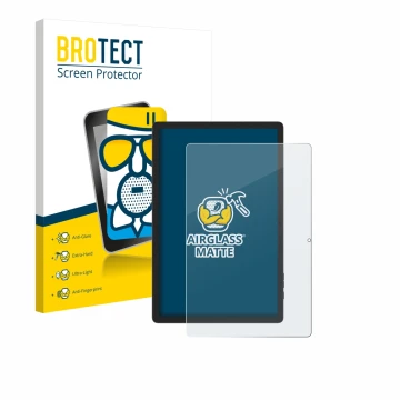 Parte frontal de un envase de producto con el logotipo de la marca BROTECT. Al lado se muestra el dispositivo Doogee Tab E3 Pr