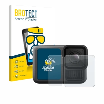 Parte frontal de un envase de producto con el logotipo de la marca BROTECT. Al lado se muestra el dispositivo GoPro Hero 13 Bl