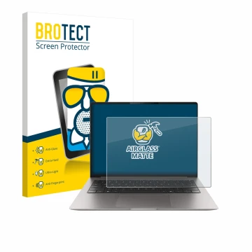 Parte frontal de un envase de producto con el logotipo de la marca BROTECT. Al lado se muestra el dispositivo Honor MagicBook 