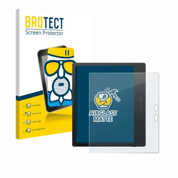 Parte frontal de un envase de producto con el logotipo de la marca BROTECT. Al lado se muestra el dispositivo Boox Go Color 7 