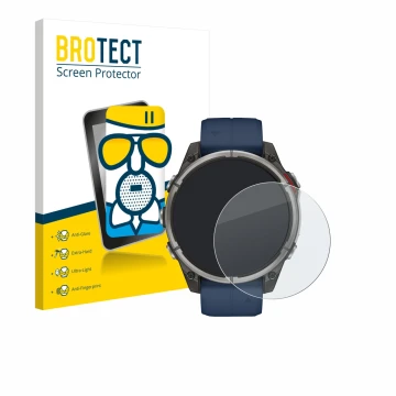 Parte frontal de un envase de producto con el logotipo de la marca BROTECT. Al lado se muestra el dispositivo Garmin quatix 8 