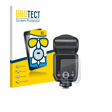 Parte frontal de un envase de producto con el logotipo de la marca BROTECT. Al lado se muestra el dispositivo Godox V100 con s