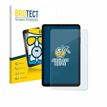 Parte frontal de un envase de producto con el logotipo de la marca BROTECT. Al lado se muestra el dispositivo Alldocube iPlay 