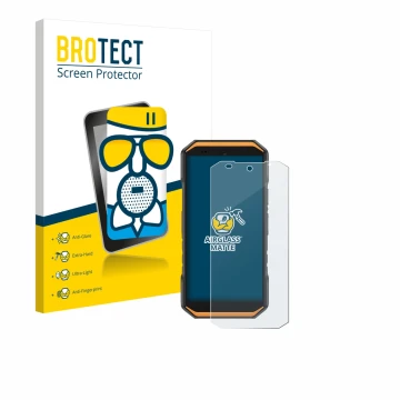 Parte frontal de un envase de producto con el logotipo de la marca BROTECT. Al lado se muestra el dispositivo Ulefone Armor X3